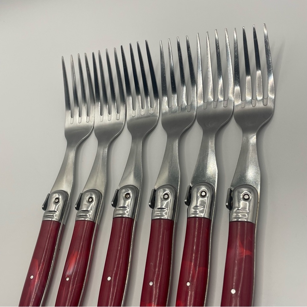 Laguiole Production Acier Inox Set of 6 Forks Red Handles Bee Cutlery - Picture 6 of 10